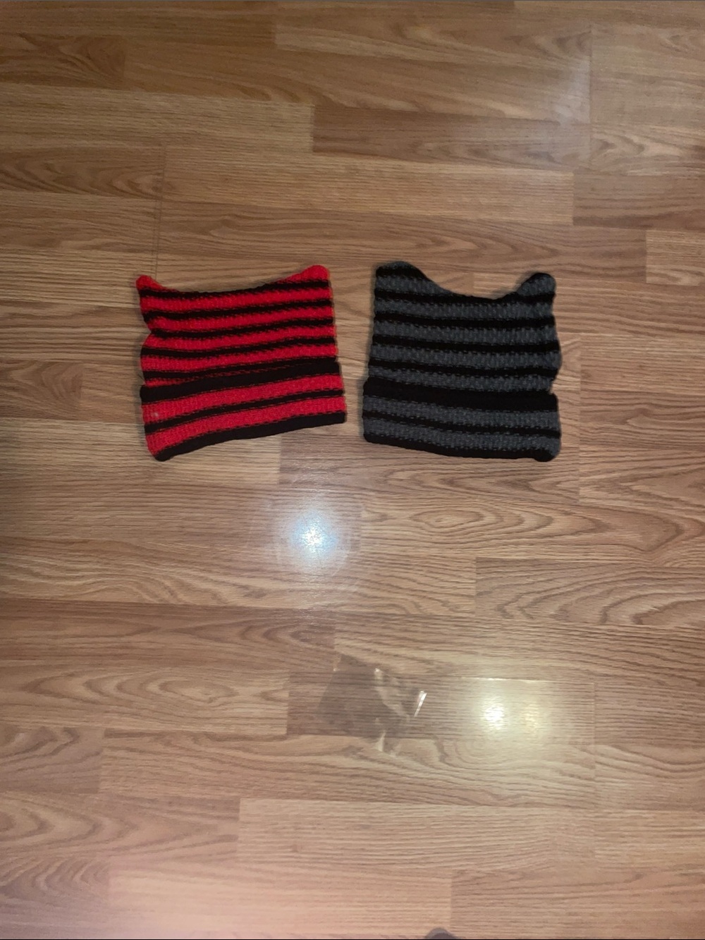 Striped Knit Cat Ear Beanies - Red/Black and Gray/Black